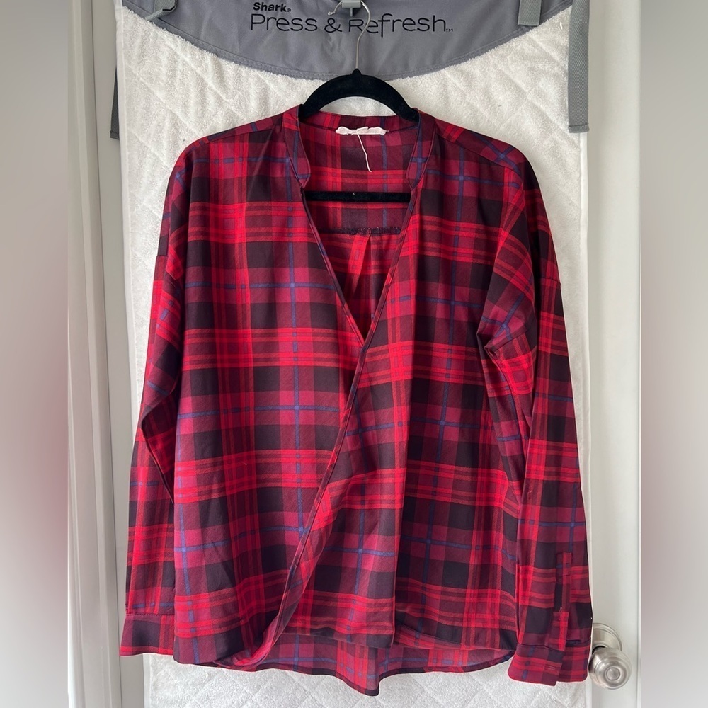 Olive and Oak Plaid Faux Wrap Blouse